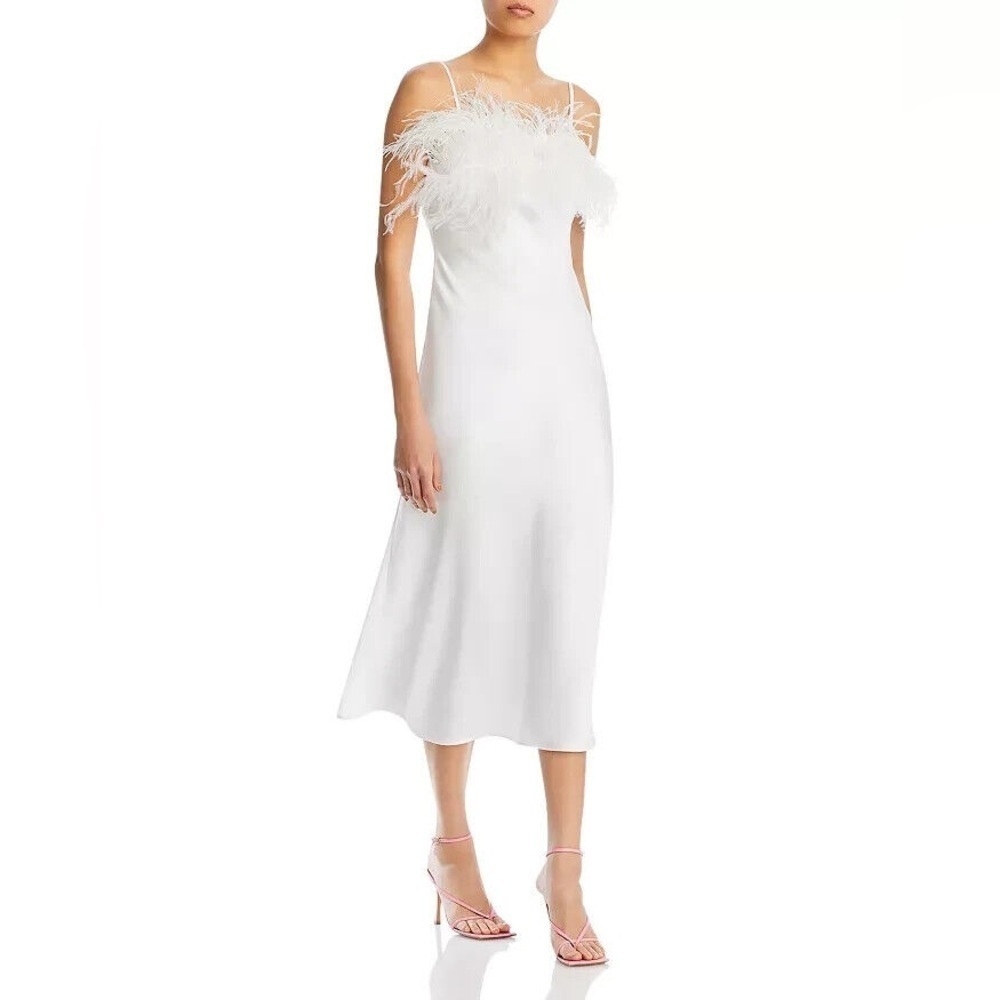 Line and Dot White Feather Trim Kimi Midi Dress Medium NWT​​​​​​